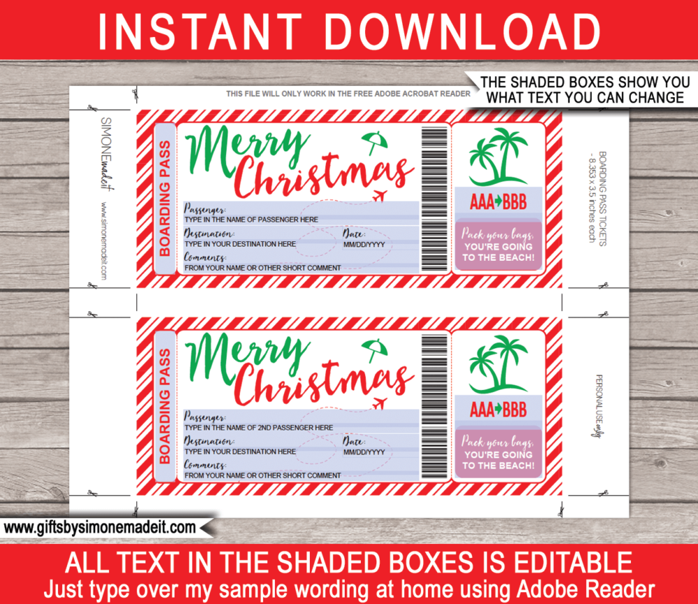 Editable Christmas Tropical Holiday Boarding Pass Gift Template | Flight, Getaway, Holiday, Vacation to the beach | Fake Plane Ticket | Surprise Beach Trip Reveal | Christmas Present | DIY Editable Template | Instant Download via giftsbysimonemadeit.com