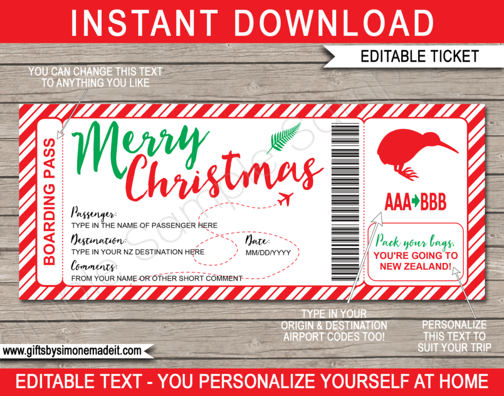 Printable Christmas Trip to New Zealand Boarding Pass Gift Template | Flight, Getaway, Holiday, Vacation to NZ | Fake Plane Ticket | Surprise NZ Trip Reveal | Christmas Present | DIY Editable Template | Instant Download via giftsbysimonemadeit.com