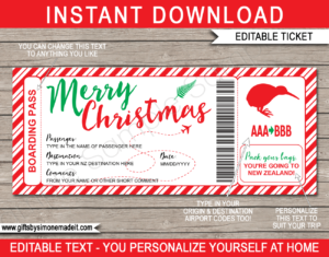 Printable Christmas Trip to New Zealand Boarding Pass Gift Template | Flight, Getaway, Holiday, Vacation to NZ | Fake Plane Ticket | Surprise NZ Trip Reveal | Christmas Present | DIY Editable Template | Instant Download via giftsbysimonemadeit.com