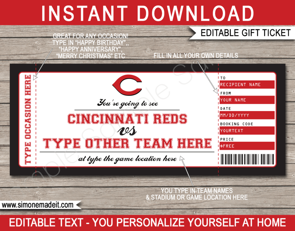 Printable Cincinnati Reds Game Ticket Gift Voucher Template | Printable Surprise MLB Baseball Tickets | Editable Text | Gift Certificate | Birthday, Christmas, Anniversary, Retirement, Graduation, Mother's Day, Father's Day, Congratulations, Valentine's Day | INSTANT DOWNLOAD via giftsbysimonemadeit.com