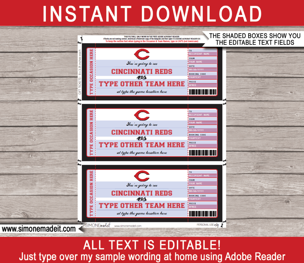 Editable Cincinnati Reds Game Ticket Gift Voucher Template | Printable Surprise MLB Baseball Tickets | Editable Text | Gift Certificate | Birthday, Christmas, Anniversary, Retirement, Graduation, Mother's Day, Father's Day, Congratulations, Valentine's Day | INSTANT DOWNLOAD via giftsbysimonemadeit.com