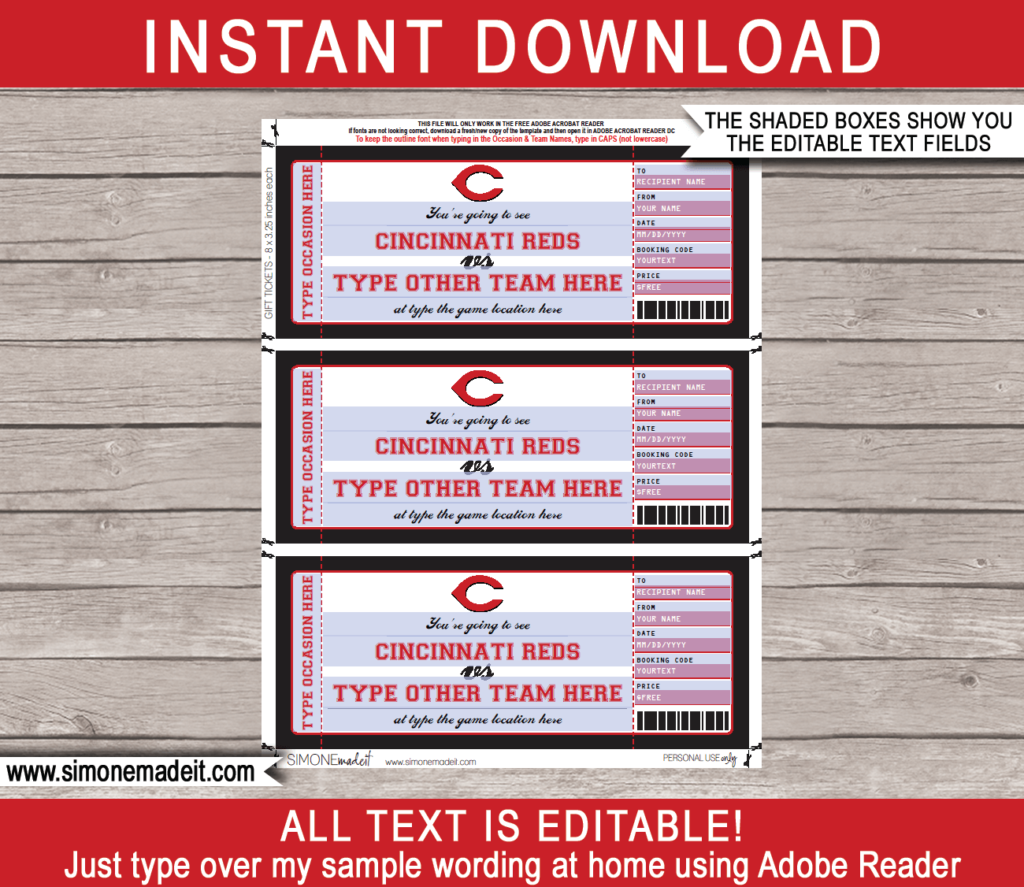 Cincinnati Reds Game Ticket Gift Voucher Printable Surprise Baseball