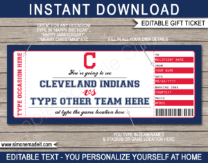 Printable Cleveland Indians Game Ticket Gift Voucher Template | Printable Surprise MLB Baseball Tickets | Editable Text | Gift Certificate | Birthday, Christmas, Anniversary, Retirement, Graduation, Mother's Day, Father's Day, Congratulations, Valentine's Day | INSTANT DOWNLOAD via giftsbysimonemadeit.com