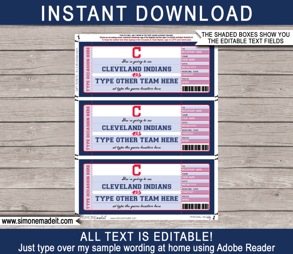 Editable Cleveland Indians Game Ticket Gift Voucher Template | Printable Surprise MLB Baseball Tickets | Editable Text | Gift Certificate | Birthday, Christmas, Anniversary, Retirement, Graduation, Mother's Day, Father's Day, Congratulations, Valentine's Day | INSTANT DOWNLOAD via giftsbysimonemadeit.com