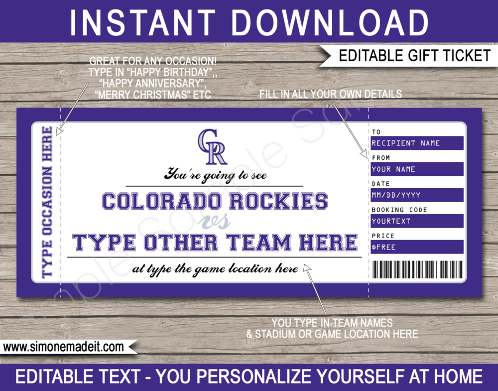 Printable Colorado Rockies Game Ticket Gift Voucher Template | Printable Surprise MLB Baseball Tickets | Editable Text | Gift Certificate | Birthday, Christmas, Anniversary, Retirement, Graduation, Mother's Day, Father's Day, Congratulations, Valentine's Day | INSTANT DOWNLOAD via giftsbysimonemadeit.com