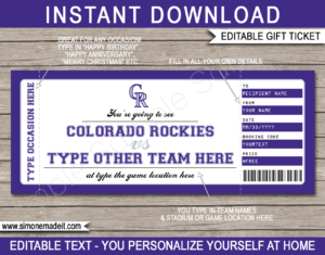 Printable Colorado Rockies Game Ticket Gift Voucher Template | Printable Surprise MLB Baseball Tickets | Editable Text | Gift Certificate | Birthday, Christmas, Anniversary, Retirement, Graduation, Mother's Day, Father's Day, Congratulations, Valentine's Day | INSTANT DOWNLOAD via giftsbysimonemadeit.com