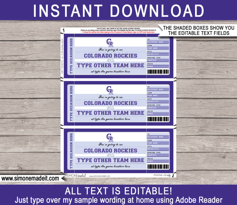 Editable Colorado Rockies Game Ticket Gift Voucher Template | Printable Surprise MLB Baseball Tickets | Editable Text | Gift Certificate | Birthday, Christmas, Anniversary, Retirement, Graduation, Mother's Day, Father's Day, Congratulations, Valentine's Day | INSTANT DOWNLOAD via giftsbysimonemadeit.com