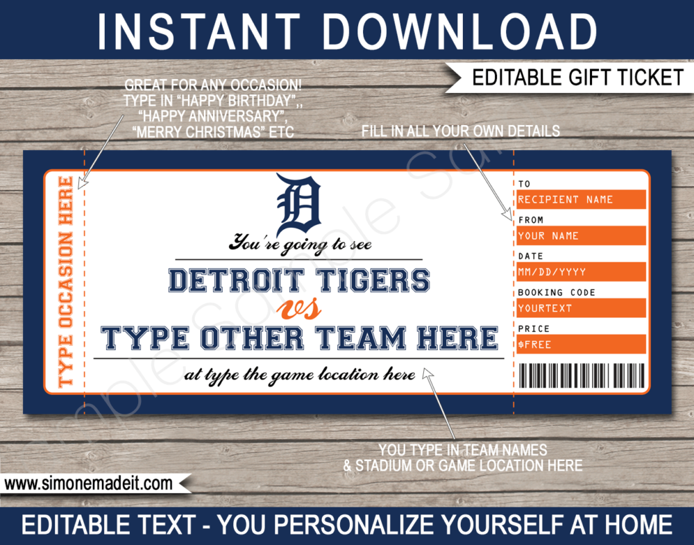 Printable Detroit Tigers Game Ticket Gift Voucher Template | Printable Surprise MLB Baseball Tickets | Editable Text | Gift Certificate | Birthday, Christmas, Anniversary, Retirement, Graduation, Mother's Day, Father's Day, Congratulations, Valentine's Day | INSTANT DOWNLOAD via giftsbysimonemadeit.com