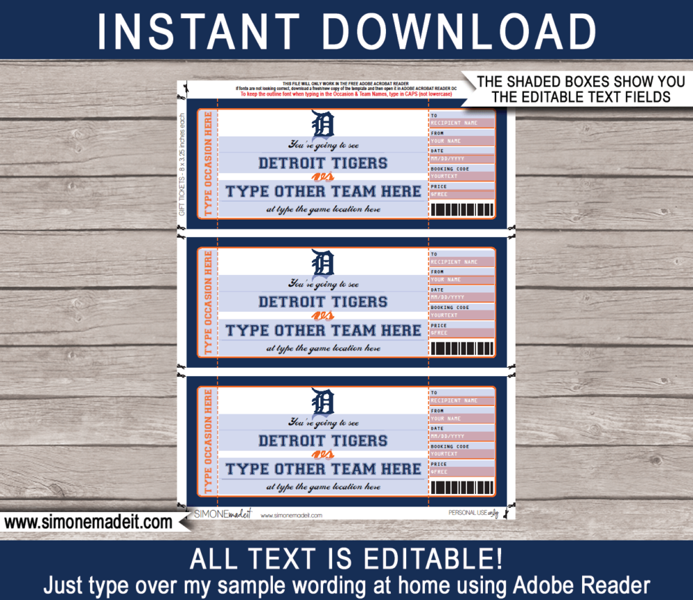Editable Detroit Tigers Game Ticket Gift Voucher Template | Printable Surprise MLB Baseball Tickets | Editable Text | Gift Certificate | Birthday, Christmas, Anniversary, Retirement, Graduation, Mother's Day, Father's Day, Congratulations, Valentine's Day | INSTANT DOWNLOAD via giftsbysimonemadeit.com