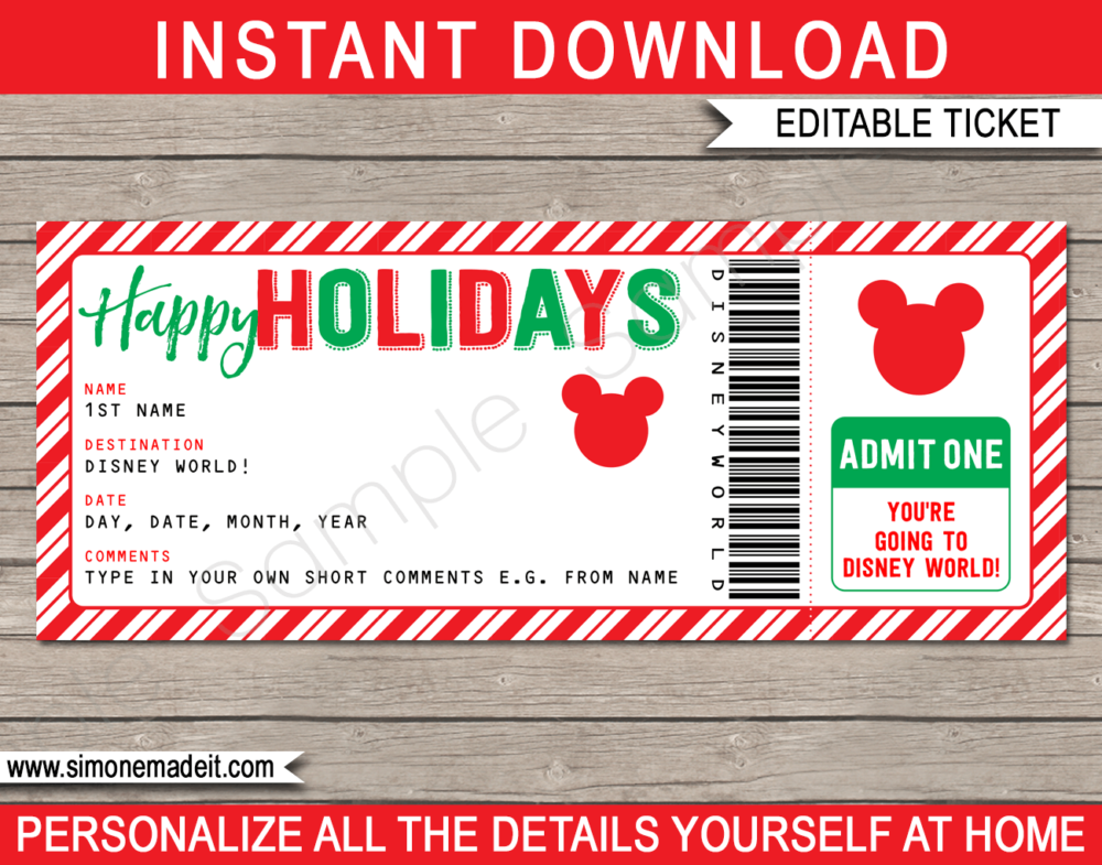 Printable Holiday Walt Disney World Gift Ticket Template | Surprise Disney World Trip Reveal Gift | Editable Disney Gift Voucher or Certificate | INSTANT DOWNLOAD via giftsbysimonemadeit.com