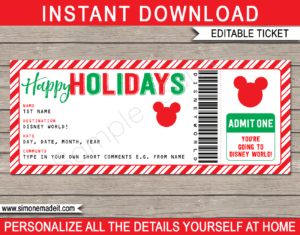 Printable Holiday Walt Disney World Gift Ticket Template | Surprise Disney World Trip Reveal Gift | Editable Disney Gift Voucher or Certificate | INSTANT DOWNLOAD via giftsbysimonemadeit.com