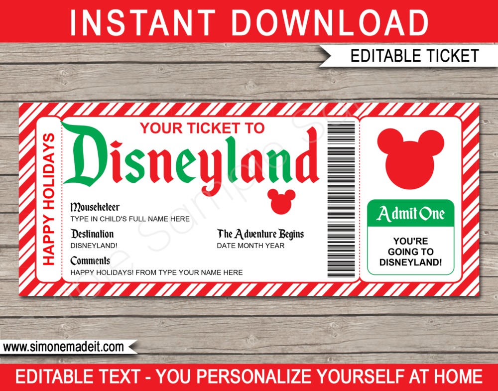 Printable Holiday Disneyland Ticket Template | Surprise Disneyland Trip Reveal Gift | Editable Disney Gift Voucher or Certificate | INSTANT DOWNLOAD via giftsbysimonemadeit.com