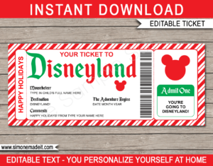 Printable Holiday Disneyland Ticket Template | Surprise Disneyland Trip Reveal Gift | Editable Disney Gift Voucher or Certificate | INSTANT DOWNLOAD via giftsbysimonemadeit.com
