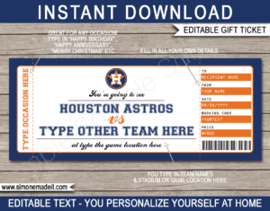 Printable Houston Astros Game Ticket Gift Voucher Template | Printable Surprise MLB Baseball Tickets | Editable Text | Gift Certificate | Birthday, Christmas, Anniversary, Retirement, Graduation, Mother's Day, Father's Day, Congratulations, Valentine's Day | INSTANT DOWNLOAD via giftsbysimonemadeit.com