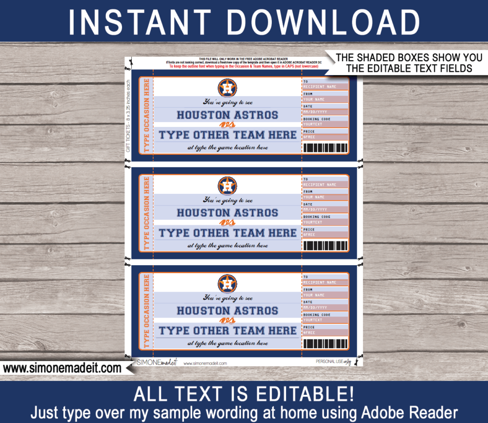 Editable Houston Astros Game Ticket Gift Voucher Template | Printable Surprise MLB Baseball Tickets | Editable Text | Gift Certificate | Birthday, Christmas, Anniversary, Retirement, Graduation, Mother's Day, Father's Day, Congratulations, Valentine's Day | INSTANT DOWNLOAD via giftsbysimonemadeit.com