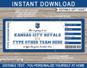 Printable Kansas City Royals Game Ticket Gift Voucher Template | Printable Surprise MLB Baseball Tickets | Editable Text | Gift Certificate | Birthday, Christmas, Anniversary, Retirement, Graduation, Mother's Day, Father's Day, Congratulations, Valentine's Day | INSTANT DOWNLOAD via giftsbysimonemadeit.com