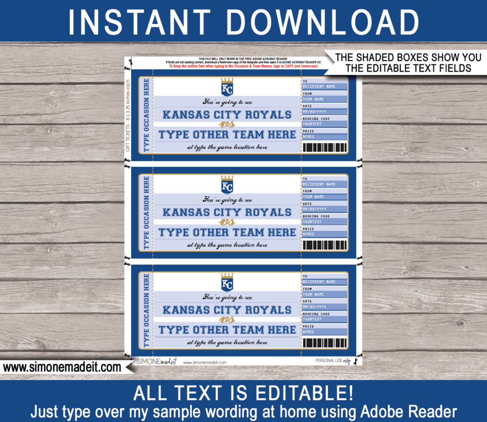 Editable Kansas City Royals Game Ticket Gift Voucher Template | Printable Surprise MLB Baseball Tickets | Editable Text | Gift Certificate | Birthday, Christmas, Anniversary, Retirement, Graduation, Mother's Day, Father's Day, Congratulations, Valentine's Day | INSTANT DOWNLOAD via giftsbysimonemadeit.com