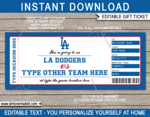 Printable LA Dodgers Game Ticket Gift Voucher Template | Printable Surprise MLB Baseball Tickets | Editable Text | Gift Certificate | Birthday, Christmas, Anniversary, Retirement, Graduation, Mother's Day, Father's Day, Congratulations, Valentine's Day | INSTANT DOWNLOAD via giftsbysimonemadeit.com