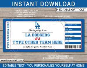 LA Dodgers Game Ticket Gift Voucher  Printable Surprise Baseball Tickets