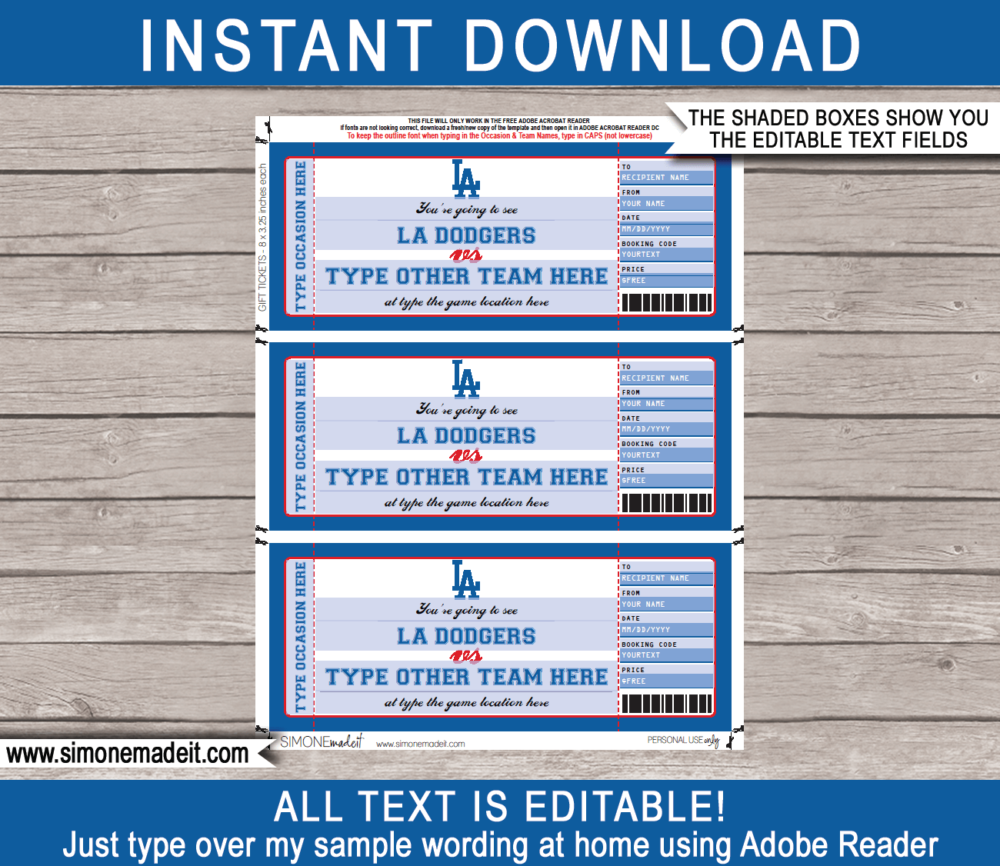 Editable LA Dodgers Game Ticket Gift Voucher Template | Printable Surprise MLB Baseball Tickets | Editable Text | Gift Certificate | Birthday, Christmas, Anniversary, Retirement, Graduation, Mother's Day, Father's Day, Congratulations, Valentine's Day | INSTANT DOWNLOAD via giftsbysimonemadeit.com