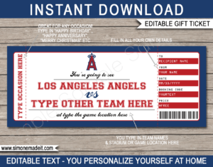 Printable Los Angeles Angels Game Ticket Gift Voucher Template | Printable Surprise MLB Baseball Tickets | Editable Text | Gift Certificate | Birthday, Christmas, Anniversary, Retirement, Graduation, Mother's Day, Father's Day, Congratulations, Valentine's Day | INSTANT DOWNLOAD via giftsbysimonemadeit.com