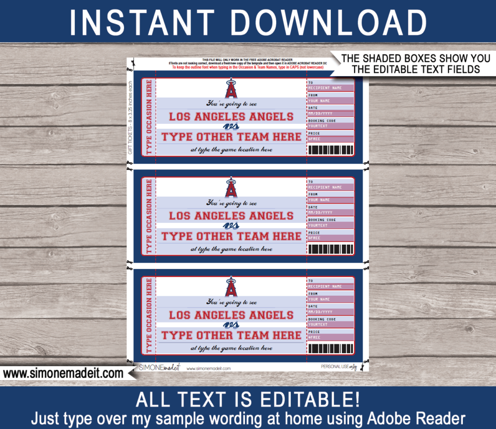 Editable Los Angeles Angels Game Ticket Gift Voucher Template | Printable Surprise MLB Baseball Tickets | Editable Text | Gift Certificate | Birthday, Christmas, Anniversary, Retirement, Graduation, Mother's Day, Father's Day, Congratulations, Valentine's Day | INSTANT DOWNLOAD via giftsbysimonemadeit.com