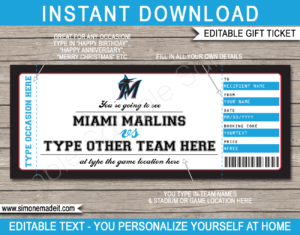 Printable Miami Marlins Game Ticket Gift Voucher Template | Printable Surprise MLB Baseball Tickets | Editable Text | Gift Certificate | Birthday, Christmas, Anniversary, Retirement, Graduation, Mother's Day, Father's Day, Congratulations, Valentine's Day | INSTANT DOWNLOAD via giftsbysimonemadeit.com