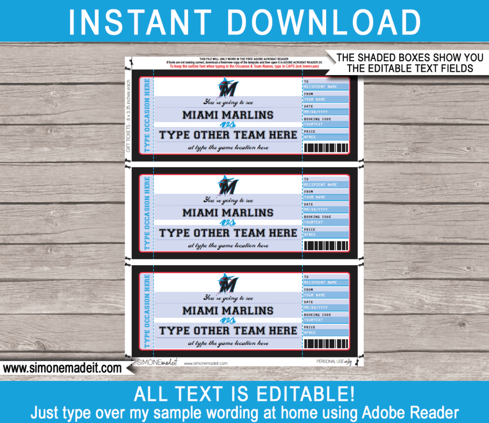 Editable Miami Marlins Game Ticket Gift Voucher Template | Printable Surprise MLB Baseball Tickets | Editable Text | Gift Certificate | Birthday, Christmas, Anniversary, Retirement, Graduation, Mother's Day, Father's Day, Congratulations, Valentine's Day | INSTANT DOWNLOAD via giftsbysimonemadeit.com