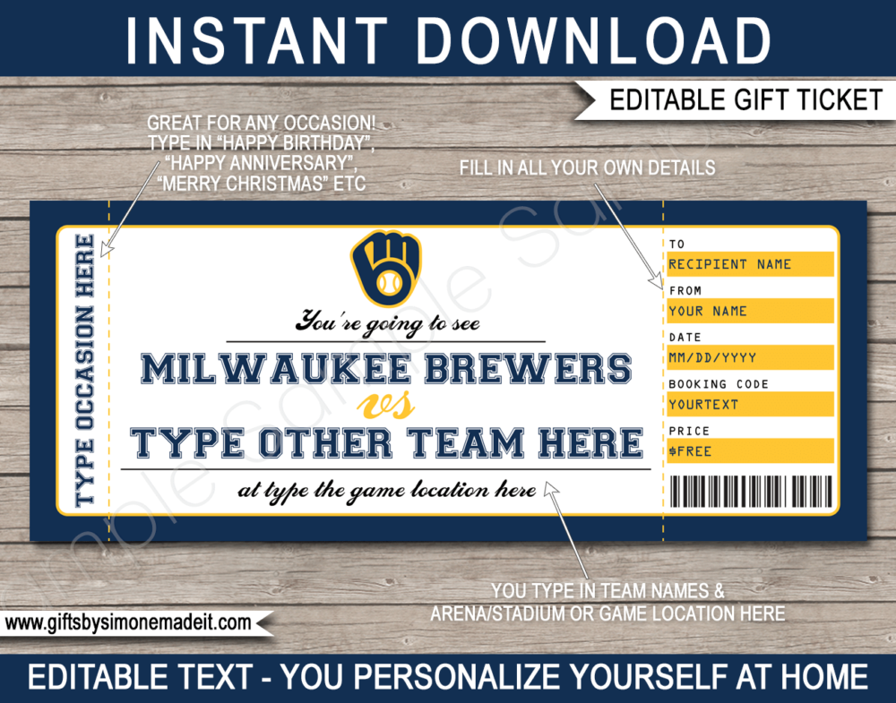 Printable Milwaukee Brewers Game Ticket Gift Voucher Template | Printable Surprise MLB Baseball Tickets | Editable Text | Gift Certificate | Birthday, Christmas, Anniversary, Retirement, Graduation, Mother's Day, Father's Day, Congratulations, Valentine's Day | INSTANT DOWNLOAD via giftsbysimonemadeit.com