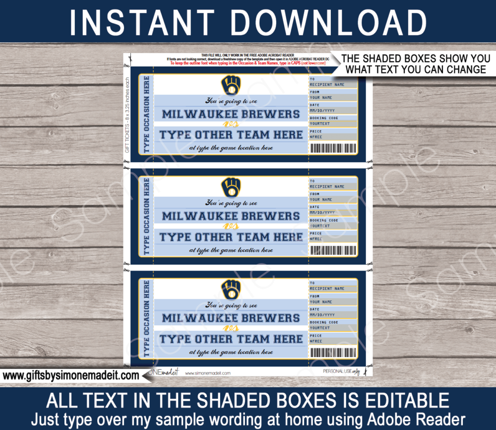 Editable Milwaukee Brewers Game Ticket Gift Voucher Template | Printable Surprise MLB Baseball Tickets | Editable Text | Gift Certificate | Birthday, Christmas, Anniversary, Retirement, Graduation, Mother's Day, Father's Day, Congratulations, Valentine's Day | INSTANT DOWNLOAD via giftsbysimonemadeit.com