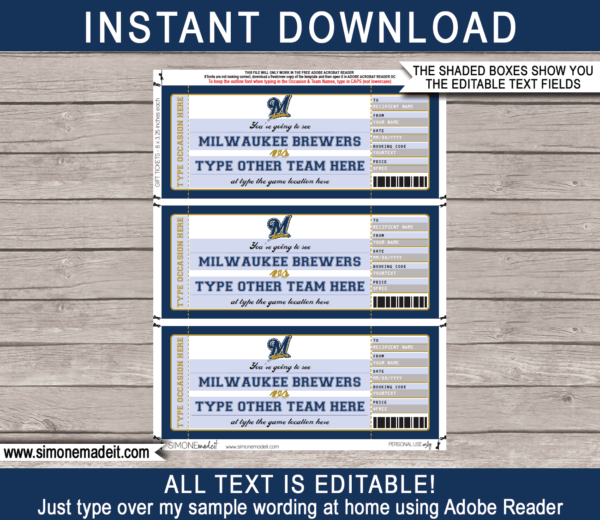 Milwaukee Brewers Game Ticket Gift Voucher Printable Surprise