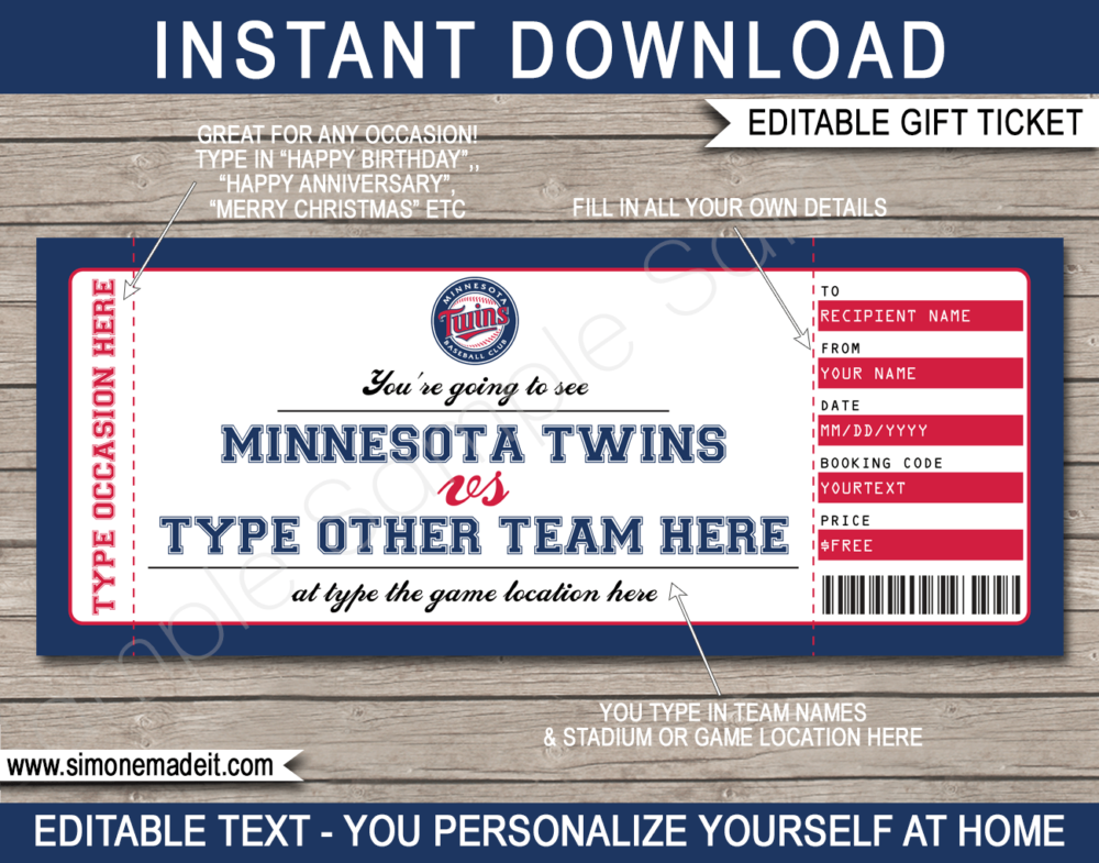 Printable Minnesota Twins Game Ticket Gift Voucher Template | Printable Surprise MLB Baseball Tickets | Editable Text | Gift Certificate | Birthday, Christmas, Anniversary, Retirement, Graduation, Mother's Day, Father's Day, Congratulations, Valentine's Day | INSTANT DOWNLOAD via giftsbysimonemadeit.com