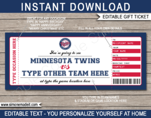 Printable Minnesota Twins Game Ticket Gift Voucher Template | Printable Surprise MLB Baseball Tickets | Editable Text | Gift Certificate | Birthday, Christmas, Anniversary, Retirement, Graduation, Mother's Day, Father's Day, Congratulations, Valentine's Day | INSTANT DOWNLOAD via giftsbysimonemadeit.com