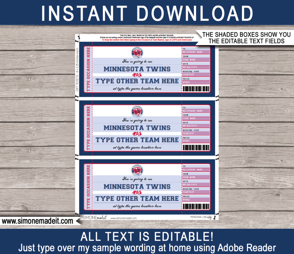 Editable Minnesota Twins Game Ticket Gift Voucher Template | Printable Surprise MLB Baseball Tickets | Editable Text | Gift Certificate | Birthday, Christmas, Anniversary, Retirement, Graduation, Mother's Day, Father's Day, Congratulations, Valentine's Day | INSTANT DOWNLOAD via giftsbysimonemadeit.com
