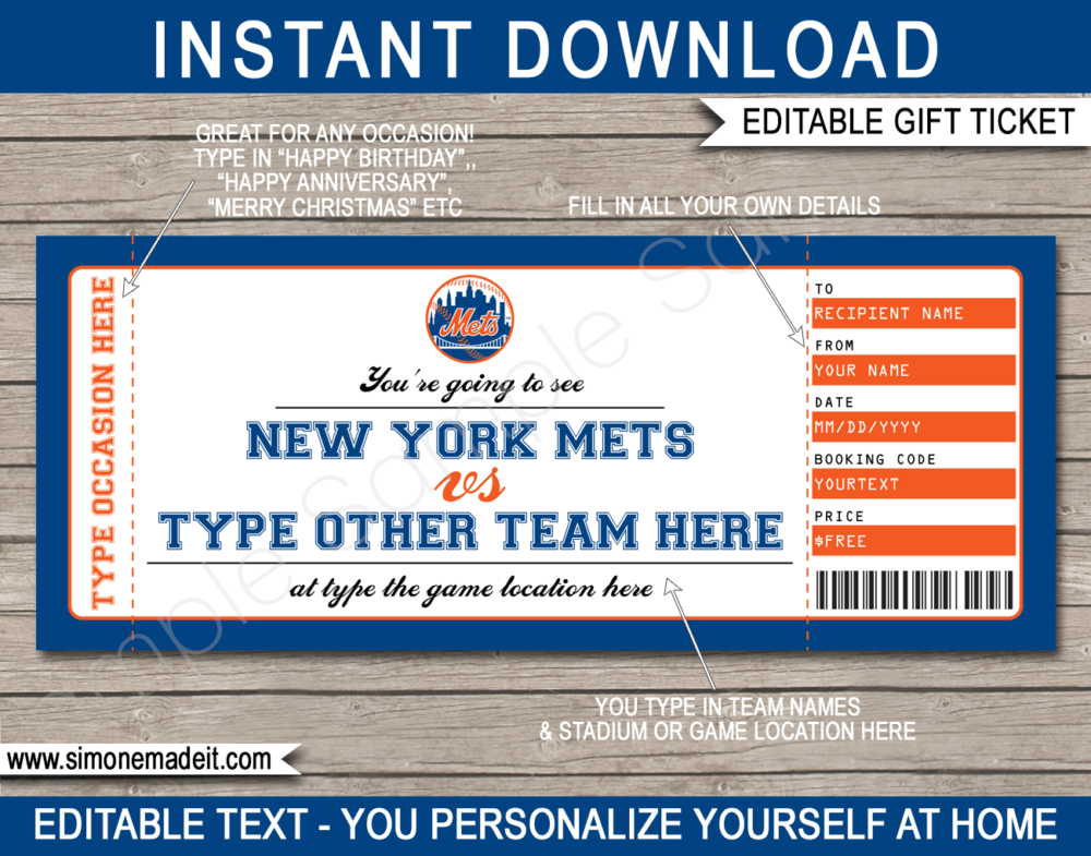 Printable New York Mets Game Ticket Gift Voucher Template | Printable Surprise MLB Baseball Tickets | Editable Text | Gift Certificate | Birthday, Christmas, Anniversary, Retirement, Graduation, Mother's Day, Father's Day, Congratulations, Valentine's Day | INSTANT DOWNLOAD via giftsbysimonemadeit.com