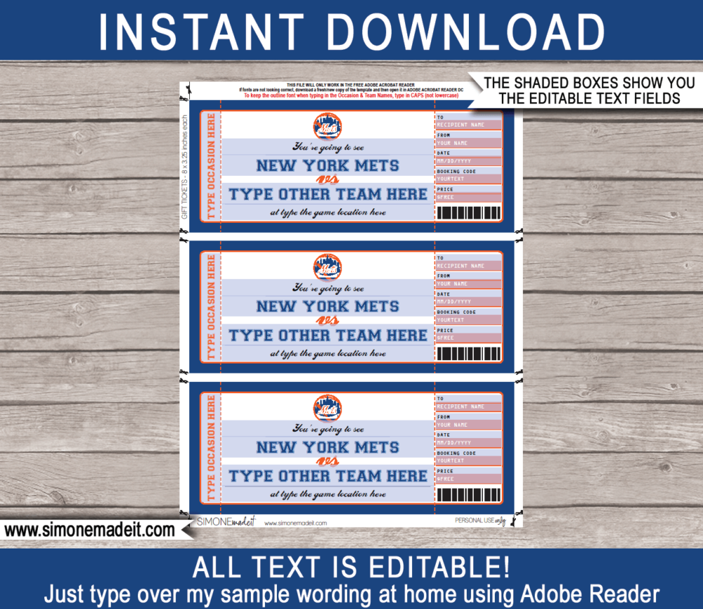 Editable New York Mets Game Ticket Gift Voucher Template | Printable Surprise MLB Baseball Tickets | Editable Text | Gift Certificate | Birthday, Christmas, Anniversary, Retirement, Graduation, Mother's Day, Father's Day, Congratulations, Valentine's Day | INSTANT DOWNLOAD via giftsbysimonemadeit.com