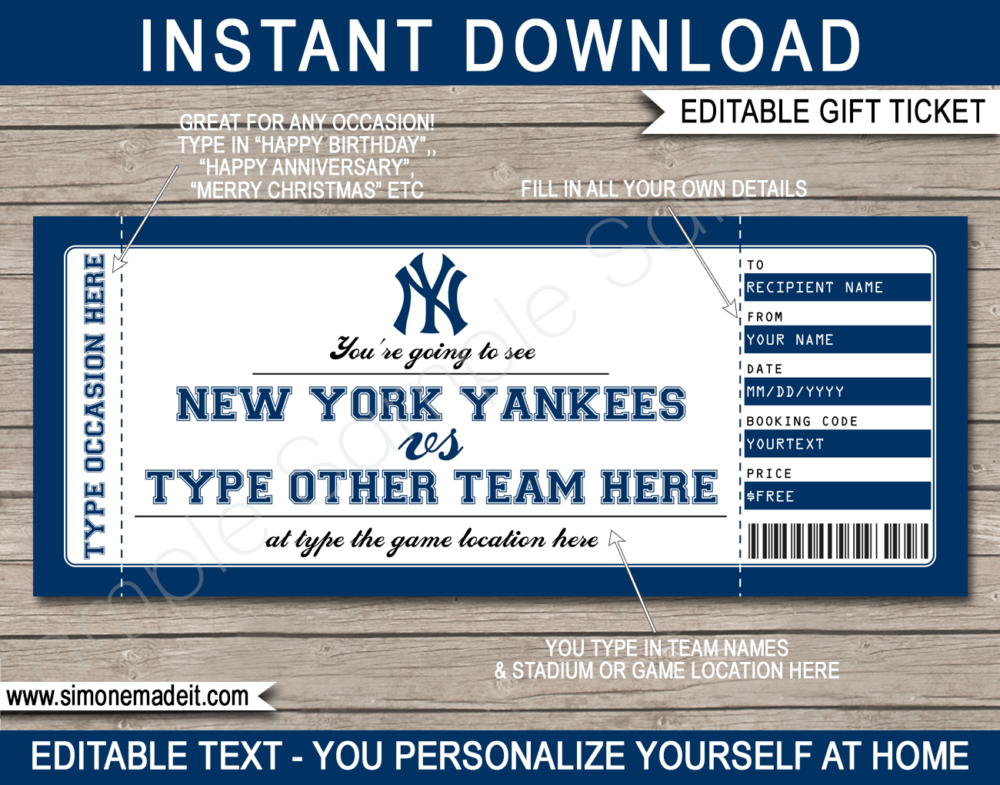 Printable New York Yankees Game Ticket Gift Voucher Template | Printable Surprise MLB Baseball Tickets | Editable Text | Gift Certificate | Birthday, Christmas, Anniversary, Retirement, Graduation, Mother's Day, Father's Day, Congratulations, Valentine's Day | INSTANT DOWNLOAD via giftsbysimonemadeit.com