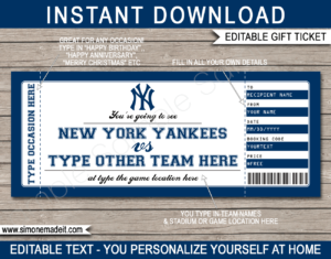 Printable New York Yankees Game Ticket Gift Voucher Template | Printable Surprise MLB Baseball Tickets | Editable Text | Gift Certificate | Birthday, Christmas, Anniversary, Retirement, Graduation, Mother's Day, Father's Day, Congratulations, Valentine's Day | INSTANT DOWNLOAD via giftsbysimonemadeit.com