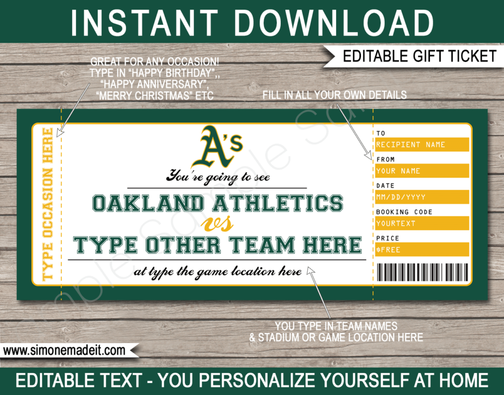 Printable Oakland Athletics Game Ticket Gift Voucher Template | Printable Surprise MLB Baseball Tickets | Editable Text | Gift Certificate | Birthday, Christmas, Anniversary, Retirement, Graduation, Mother's Day, Father's Day, Congratulations, Valentine's Day | INSTANT DOWNLOAD via giftsbysimonemadeit.com