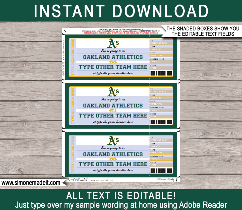 Editable Oakland A's Game Ticket Gift Voucher Template | Printable Surprise MLB Baseball Tickets | Editable Text | Gift Certificate | Birthday, Christmas, Anniversary, Retirement, Graduation, Mother's Day, Father's Day, Congratulations, Valentine's Day | INSTANT DOWNLOAD via giftsbysimonemadeit.com