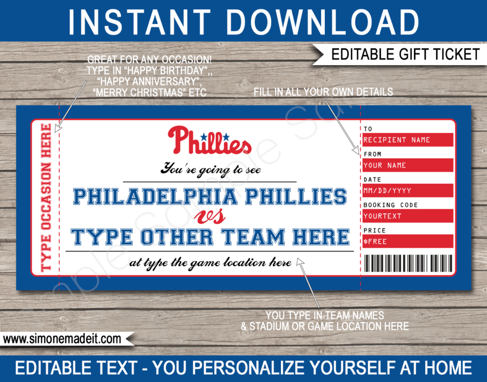 Printable Philadelphia Phillies Game Ticket Gift Voucher Template | Printable Surprise MLB Baseball Tickets | Editable Text | Gift Certificate | Birthday, Christmas, Anniversary, Retirement, Graduation, Mother's Day, Father's Day, Congratulations, Valentine's Day | INSTANT DOWNLOAD via giftsbysimonemadeit.com