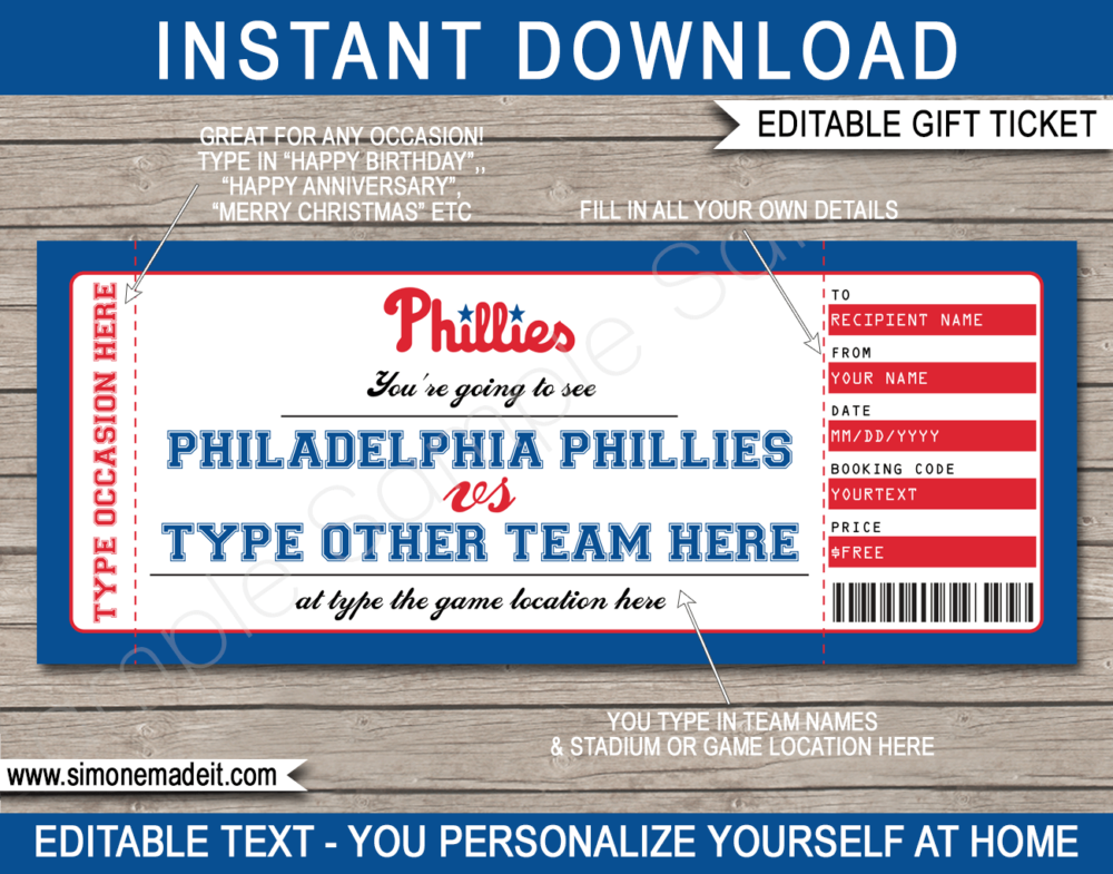 Philadelphia Phillies Game Ticket Gift Voucher Printable Surprise