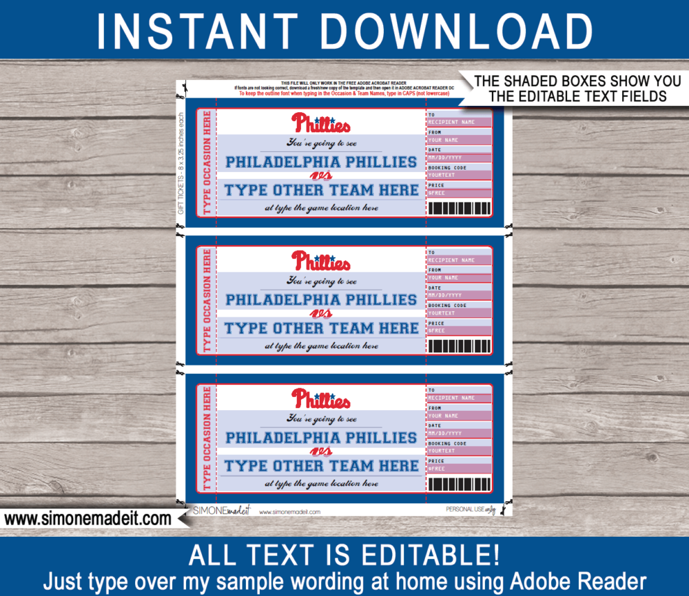 Editable Philadelphia Phillies Game Ticket Gift Voucher Template | Printable Surprise MLB Baseball Tickets | Editable Text | Gift Certificate | Birthday, Christmas, Anniversary, Retirement, Graduation, Mother's Day, Father's Day, Congratulations, Valentine's Day | INSTANT DOWNLOAD via giftsbysimonemadeit.com