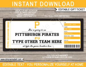 Printable Pittsburgh Pirates Game Ticket Gift Voucher Template | Printable Surprise MLB Baseball Tickets | Editable Text | Gift Certificate | Birthday, Christmas, Anniversary, Retirement, Graduation, Mother's Day, Father's Day, Congratulations, Valentine's Day | INSTANT DOWNLOAD via giftsbysimonemadeit.com
