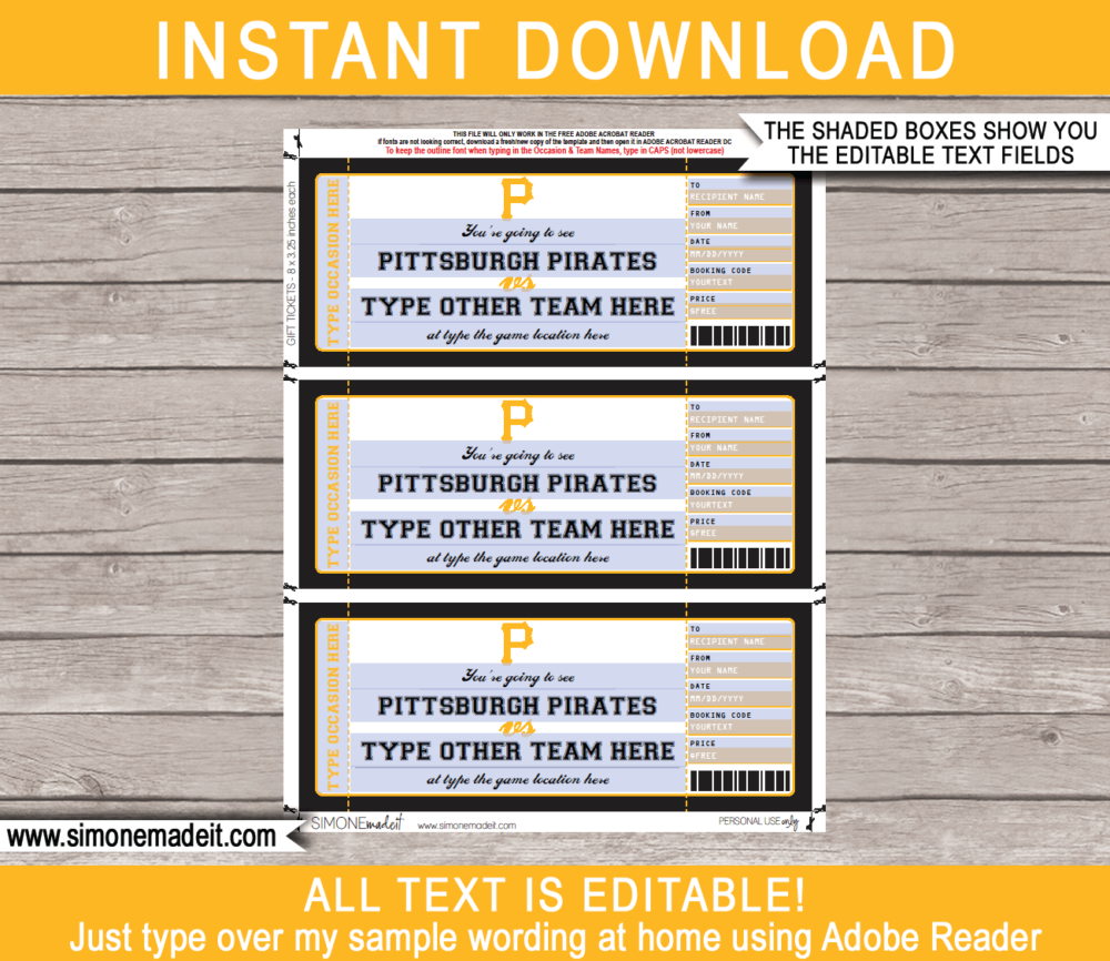 Editable Pittsburgh Pirates Game Ticket Gift Voucher Template | Printable Surprise MLB Baseball Tickets | Editable Text | Gift Certificate | Birthday, Christmas, Anniversary, Retirement, Graduation, Mother's Day, Father's Day, Congratulations, Valentine's Day | INSTANT DOWNLOAD via giftsbysimonemadeit.com