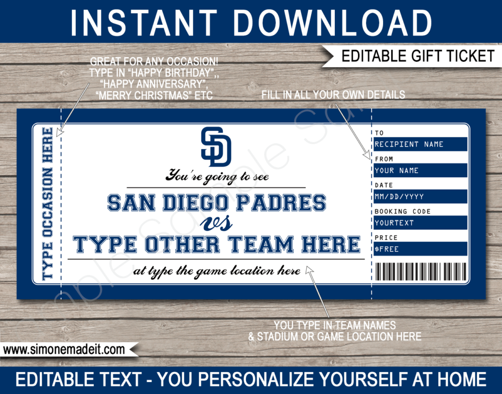 Printable San Diego Padres Game Ticket Gift Voucher Template | Printable Surprise MLB Baseball Tickets | Editable Text | Gift Certificate | Birthday, Christmas, Anniversary, Retirement, Graduation, Mother's Day, Father's Day, Congratulations, Valentine's Day | INSTANT DOWNLOAD via giftsbysimonemadeit.com