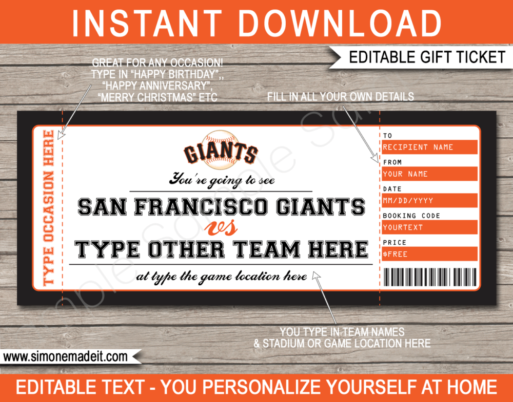 Printable San Francisco Giants Game Ticket Gift Voucher Template | Printable Surprise MLB Baseball Tickets | Editable Text | Gift Certificate | Birthday, Christmas, Anniversary, Retirement, Graduation, Mother's Day, Father's Day, Congratulations, Valentine's Day | INSTANT DOWNLOAD via giftsbysimonemadeit.com