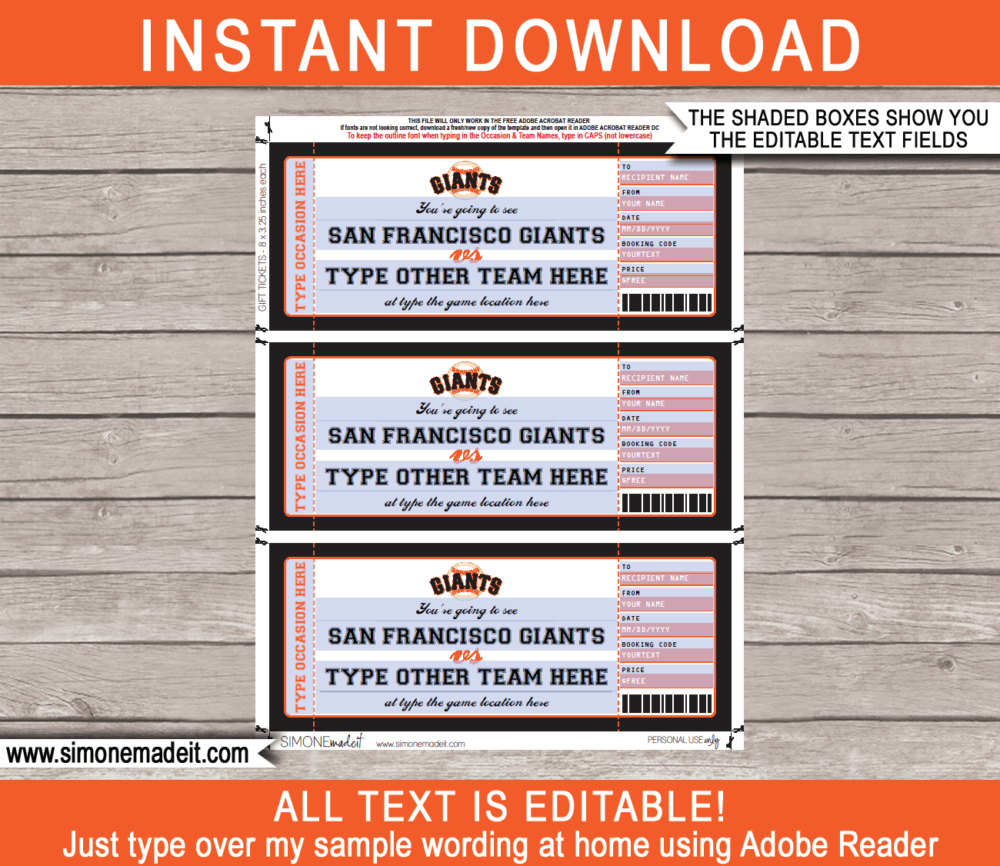 Editable San Francisco Giants Game Ticket Gift Voucher Template | Printable Surprise MLB Baseball Tickets | Editable Text | Gift Certificate | Birthday, Christmas, Anniversary, Retirement, Graduation, Mother's Day, Father's Day, Congratulations, Valentine's Day | INSTANT DOWNLOAD via giftsbysimonemadeit.com