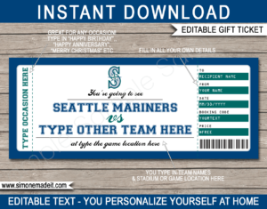 Printable Seattle Mariners Game Ticket Gift Voucher Template | Printable Surprise MLB Baseball Tickets | Editable Text | Gift Certificate | Birthday, Christmas, Anniversary, Retirement, Graduation, Mother's Day, Father's Day, Congratulations, Valentine's Day | INSTANT DOWNLOAD via giftsbysimonemadeit.com