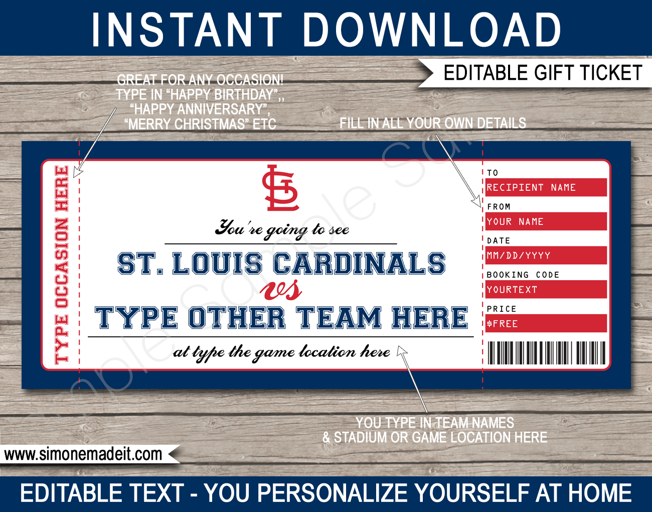St Louis Cardinals Game Ticket Gift Voucher Printable Surprise Baseball Tickets